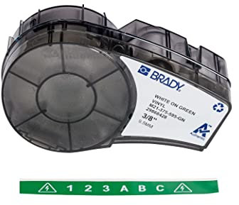 Brady Vinyl-Etiketten für Etikettendrucker M211 & M210 - Vinyl-Klebe-Druckeretiketten - Industrieetikettenband für Kabel/Namensetiketten - Weiß auf Grün (9.53mm x 6.40m) - M21-375-595-GN