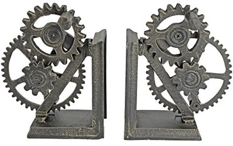 Design Toscano Engrenage Industriel Steampunk Serre-livre de Décoration, 38 cm, Ensemble de Deux, fonte, Bronze couleur