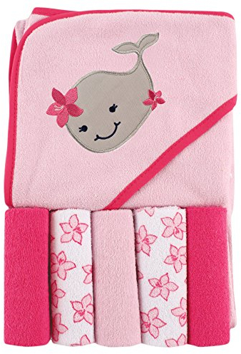 Luvable Friends Unisex Baby Kapuzenhandtuch mit fünf Waschlappen, Mädchenwal, Einheitsgröße