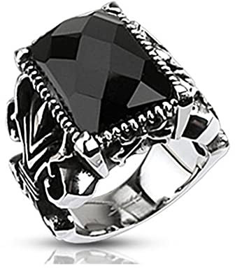 BlackAmazement Edelstahl Ring Black Onyx Schwarz Fleur De Lis Lilie Kristall Gem Gothic Fantasy (55 (17.5))