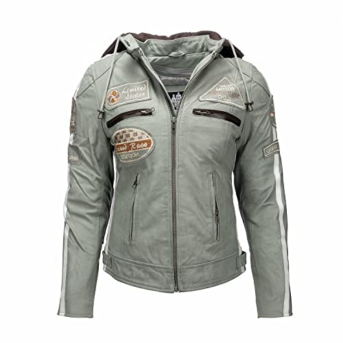 URBAN 5884 Motorradjacke Damen Mit Protektoren, Damenjacke aus Lammleder, Protektoren für Rücken, Schultern und Ellenbogen | Grau | 4XL