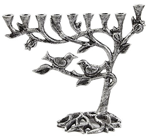 Ner Mitzvah Vintage de aluminio Vela Menorah adapta Estándar Velas de Januká Diseño Árbol de la vida con acabado antiguo de plata