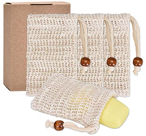 Pretop 4x Seifensäckchen Bio, Seifensäckchen Sisal, Seifenbeute Natur, Aufschäumen und Trocknen der Seife, Peeling, Massage, Seifenbeutel | Seifensack | Seifenreste | Seifentasche