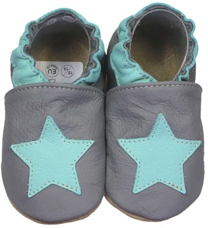 HOBEA-Germany Krabbelschuhe für Jungs und Mädchen in verschiedenen Designs, dunkelgrau mit Mint Stern, Schuhgröße:24/25 (24-30 Mon)