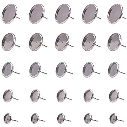 PandaHall Elite 60 Stück 5 Größen Flache Runde Edelstahlbolzenohrring Cabochon Einstellung Post Cup Fit für 6/8/10/12 / 14mm, Cabochon Einstellungsfach für Ohrring DIY Schmuck Handwerk machen