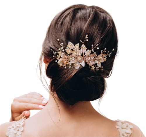 SWEETV Handmade Hochzeit Haar Kamm Perle Floral Leaf Braut Haarschmuck für Bräute und Brautjungfern