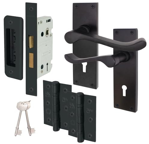 EAI Black Victorian Scroll Door Handle Key Lock Set | 1 Pair of Matt Black Internal Lever Handles on Backplate with Hinges (76mm), Sash Lock (64mm) & Keys