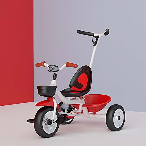 Kinderdreirad mit Schubstange Sicheres Kinderdreirad mit Bremse mit Metallrahmen Pedal-Freilauf für Kinder ab 18-48 Monaten (weiß-rot)