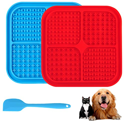 Leckmatte Hund Saugnäpfe, Schleckmatte Hund 20x20cm [2 Stück] mit 1 Silikonspatel BPA-frei Super Starke Saugkraft Slow Feeder Hunde Leckmatte Hunde Zubehör für Hund Baden Fellpflege spülmaschinenfest