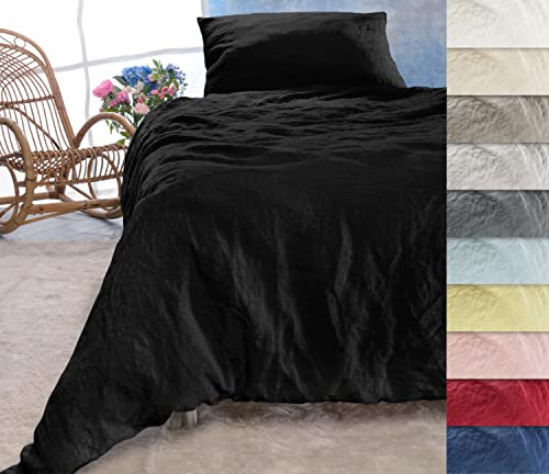 Wohnen & Accessoires GmbH & Co. KG Leinen-Bettwäsche-Set Sintra 100% Leinen aus Portugal, 2-teilig Bettbezug und Kissenbezug (2tlg. 135x200cm + 80x80cm, Schwarz)