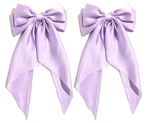 Furling Pompoms Pack of 2 Big Bow Hair Barrette Clips Soft Satin Silky Bowknot with long Tail French Barrette Hair Clip Hair Scrunchie Cute Gifts for Women Girls (Lilac)