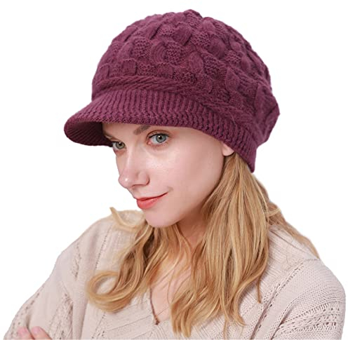 CheChury Damen Wollmütze Winter Mütze Warme Strickmütze Frauen Wintermütze Kaschmir Mütze mit Shirm Damen Schirmmütze Grobstrick Baskenmütze Winter Strickmütze mit Schirm Damen Barett Fleece,Violett