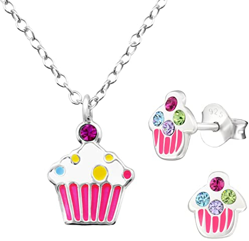 JAYARE Kinder Schmuckset Mädchen - Muffin Cupcake - Halskette und Ohrringe - Kette Silber 925 mit Anhänger und Ohrstecker