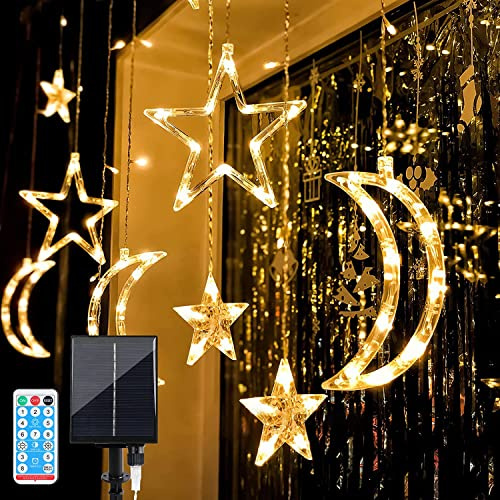 KINGCOO Solar Vorhang Lichter Außen, Wasserdicht 138LED Twinkle Stern Mond Fenster Lichterkette Solar Fee Lichtervorhang 8Modi für Innen Außen Weihnachten Hochzeit Party Dekorationen (Warmweiß)