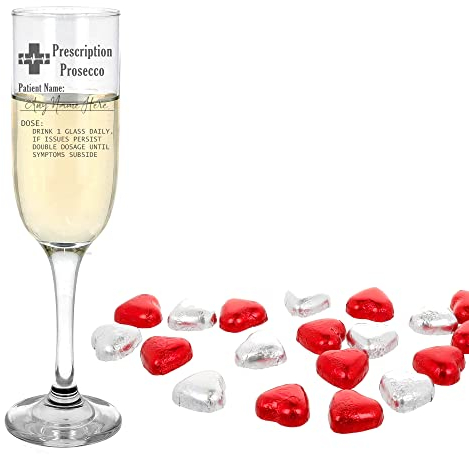 Personalised Engraved Prescription Prosecco Glass Champagne Flute Novelty Funny Prosecco Birthday Gift Personalised Champagne Glass with Any Name Personalised Gifts (Filled with Chocolate Hearts)