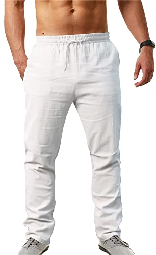 NANAMEEI Leinenhose Herren Leicht Sommerhose Yoga Seitetasche Strandhose Herren Hose Lang aus Baumwollmischung für Männer Lounge-Hose Weiss Herren XL