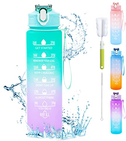 XZMCAT Gourde 750 ml, Gourde Sport avec Marqueur de Temps, Gourde avec Paille, Bouteille d'eau étanche avec Couvercle Sans BPA, Water Bottle pour Sport, Gym, Bureau, Course à Pied (Vert Clair)