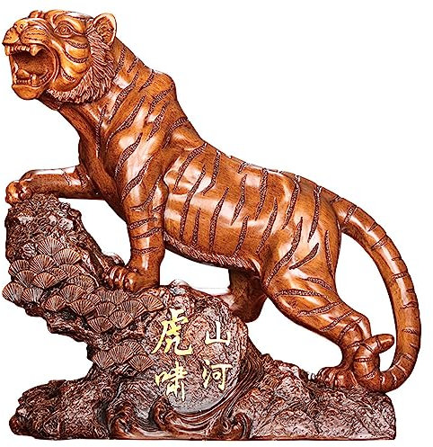 JTBDWOSK Dekofigur Tiger Statue Mit Chinesische Gravur- Tiger Auf Steine- Harz Feng Shui Dekoration Moderne Skulptur Für Büro, Schreibtsich,Braun