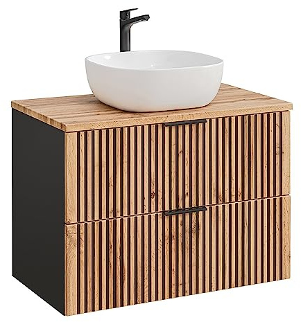 Lomadox Waschtisch 81 cm Badezimmer Unterschrank Waschtischplatte Keramik Aufsatzwaschbecken anthrazit mit Eiche Nb. schwarz gerillt 80,6x74,2x46,5 cm (BxHxT)
