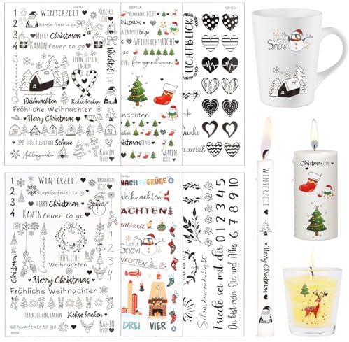 GUBOOM 6 Pcs Kerzentattoos Weihnachten, Wassertransferdruck DIY Asserschiebefolie Kerzen Folie, Kerzensticker, Weihnachten Sticker, Kerzen Tattoofolie, Sprüche zum Verschenken, für Kerzen Keramik