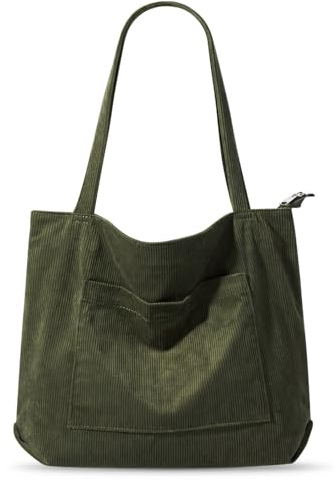 Vegena Cordtasche Handtasche Damen Große Umhängetasche Tote Bag Shopper Tasche Damen Schultertasche Stofftasche Schultasche für Schule Arbeit Einkauf (dunkelgrün)