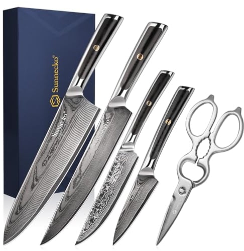 Sunnecko Damascus Kitchen Knife Sets - 5pcs Chef Knife Set 73-Layer VG10 Damascus Steel, G10 Handle Kitchen Knives with Scissors