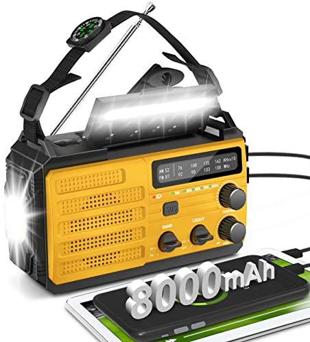 8000mAh Emergency Wind Up Radio, Hand Crank Solar, AM/FM Radio with 3-Mode Flashlight, 2-Mode Reading Lamp, SOS Alarm with USB Phone Charger for Emergency Outdoor