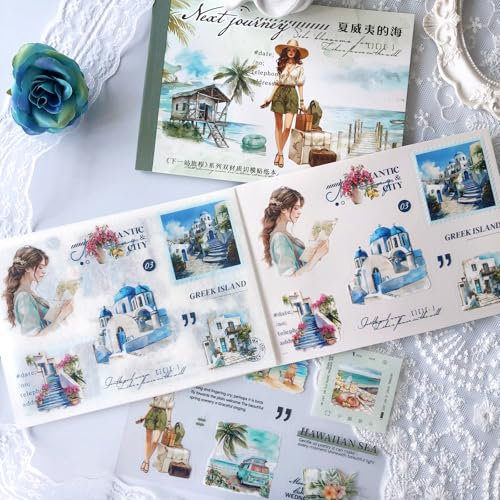 20 Blätter Scrapbooking Stickers Arpaper Landschaft Scrapbook Aufkleber Zubehör Set für Journaling, Tagebuch, Scrapbooking,Fotoalbum,Bullet Journal Zubehör(Reisen nach Hawaii, Griechenland)