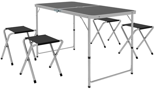 Outsunny Conjunto de Camping de 5 Piezas Mesa para Camping Plegable con Sillas Incluye 1 Mesa Ajuatsble en Altura con Orificio para Sombrilla 120x60x55-70 cm y 4 Taburetes Plegables Negro