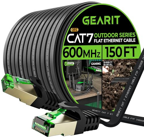 GEARit Cat 7 Outdoor Flat Ethernet Cable (150ft, Black) Direct Burial Rated LLDPE Jacket - Indoor Cat7 Shielded FTP 600MHz 10Gbps High Speed Gaming Computer Network RJ45 Snagless Patch Cord Internet