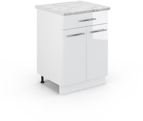 Vicco Meuble Cuisine Fame-Line, Blanc Haute Brillance/Blanc, 60 cm avec tiroir, PT Marbre