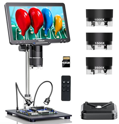 TOMLOV TriL110 3 Lenti Microscopio Digitale 2K HDMI, Lente d'Ingrandimento 2500X per Monete/Saldatura con Schermo IPS da 10,1, Regalo per Adulti e Bambini, 14 Luci LED, Compatibile PC/TV, 64GB