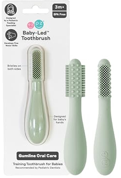 ezpz Baby-Led Toothbrush (Sage) - 3 Months + - 100% Silicone Infant Toothbrush with Sensory Bumps - Cleans Gums + New Teeth - Improves Hand-to-Mouth Coordination, Self-Feeding Skills