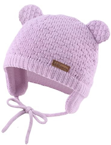 XIAOHAWANG Baby Wintermütze Jungen Mädchen Warmer Strickmützen Weicht Baumwolle-Futter mit Süße Bärenohren Winter Babymütze(Lavendel, 0-6 Monate)