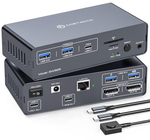 JCYMELE 4K120Hz USB C KVM Switch 2 PC 2 Monitor DisplayPort con Docking Station 12-in-1 USB C – Switch KVM DisplayPort per 2 Monitor Duali, 2 Laptop, Include 2 Cavi USBC e Controller da Tavolo