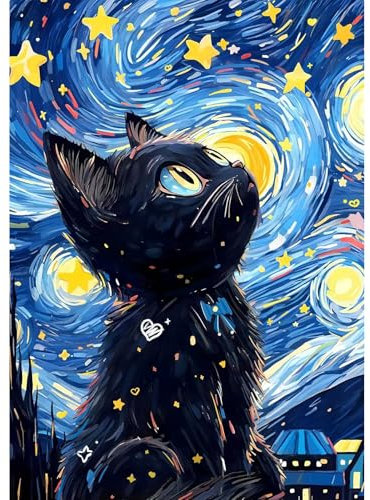 MEIYUDA 5D Diamond Painting Noche Estrellada Gato, Pintura Diamante, Diamond Painting Kit Completo Manualidades Adultos Regalo Niños, Diamond Painting Para Decoración De Pared Del Hogar 30x40cm