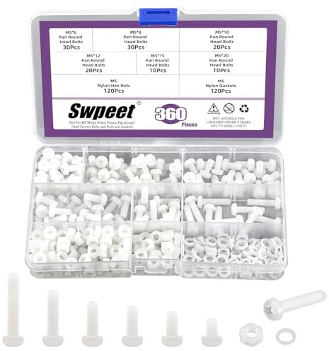 Swpeet 360 tornillos de cabeza redonda de nailon blanco M5 de 6 tamaños con tuercas hexagonales y juntas, tornillo de cabeza redonda Phillips de nailon, tornillos de máquina de plástico de nailon,