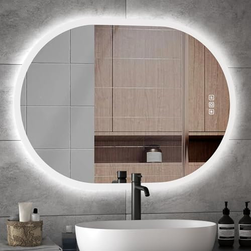 furduzz 90x70cm Oval LED Badezimmerspiegel, Wandmontierter Eitelkeitsspiegel mit Anti-Nebel, 3 Farben, Speicher, Dimmbar, Smart Badezimmer Licht Spiegel, Horizontal/Vertikal