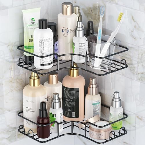GeeRic 2pcs Mensola per Doccia Angolare Set, Appeso Portaoggetti per Doccia con 4 Gancio Autoadesivo Senza Forare Cesto di Organizzatore per Bagno a Shampoo,Lavaggio di Corpo,Asciugamano Antiruggine