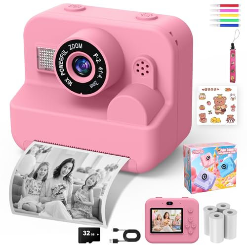 CONMRO Appareil Photo Enfant - 1080P Selfie Appareil Photo Instantané Écran 2,4 Pouces, avec Papier d'impression + Carte 32 GB, Jouet Cadeau de Noël pour Filles et Garçons 3-14 Ans (Rose)