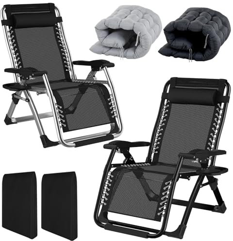 Fiutazge 2Pcs 77cm Ultra-Large Chaise Longue Interieur,Zero Gravity Fauteuil Relax Pliant ave Rembourrage,TêTe De Lit Amovible,Porte-Boisson,pour Patio,Plage,Piscine-Capacité 260kg,Gray+Noir