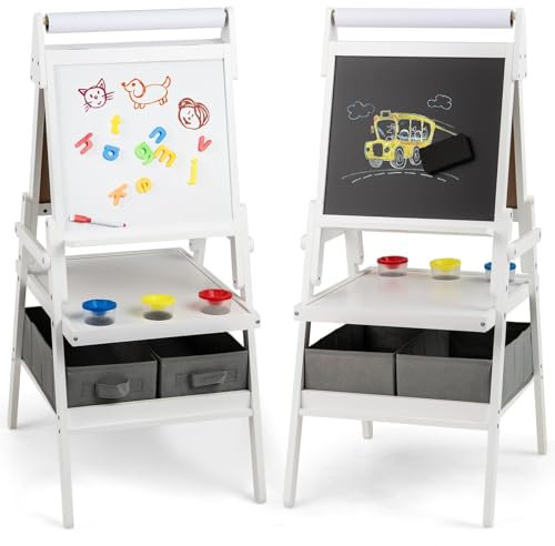 FANTASK 3-in-1 Tafel Kinder, doppelseitige Kindertafel mit Papierrolle & magnetischer Kreidetafel & Whiteboard, inkl. 3 Farbbechern & 2 Boxen, Staffelei für Kinder ab 3 Jahren (Weiß)