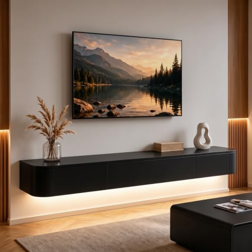 Ribanedy Modern Floating TV Unit with LED Lighting | Wall-Mounted Entertainment Media Console | Large Storage TV Bench for Living Room & Office (Black, 140 cm)