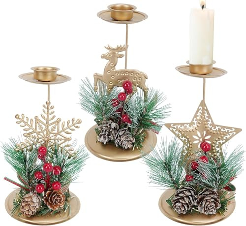 FALSKT 3PCS Portacandele Natalizio Candeliere Vintage Oro Dorati Ornamento da Tavolo Candelabro Natalizio in Metallo per Decorazioni Casa Natalizia Camino Festa Soprammobili Natalizi