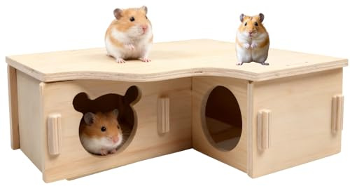 HJ-fuzhou Hölzernes Hamsterhaus 3 Kammernnager Haus Hamster-Versteckhaus Holz Hamster Käfig Versteck Ecketage Dekor Zubehör für Kleine Haustiere Chinchilla Ratte Zwerghamster Rennmäuse Stachelmäuse