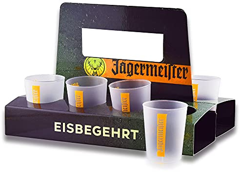 Jägermeister Original 16er Set Probier-Becher mit Halter Träger Eisbegehrt maximal 0,04l Shot-Becher Cup Cup's Plastik Kunststoff Shot-Gläser