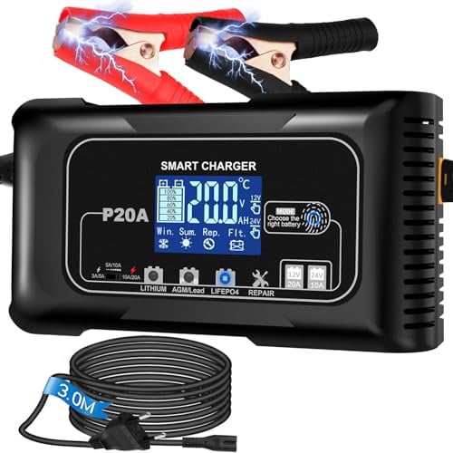 HTRC 20A Autobatterie Ladegerät 12V/24V für AGM, Gel, EFB und LiFePO4-Akkus | Batterieladegerät Auto mit 3 Stromstufen, 4 Lademodi, Erhaltungsladung und Impulsreparatur für Motorrad, Boot und Rasenmäher