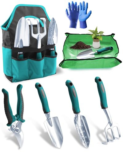 Lot de 7 Outils de Jardinage - Ensemble Outil Jardinage Résistants à la Rouille avec Sac de Rangement Durable - Cadeau de Jardin Idéal pour Femmes et Hommes