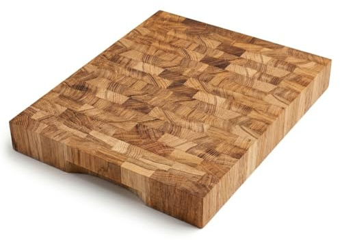 Eichen Schneidebrett 40x30x4 cm – Massives Stirnholz Schneidebrett aus Eiche mit Griffmulde – Extra Dickes Holz Schneidebrett für Fleisch, Gemüse & Brot – Profi Küchenbrett