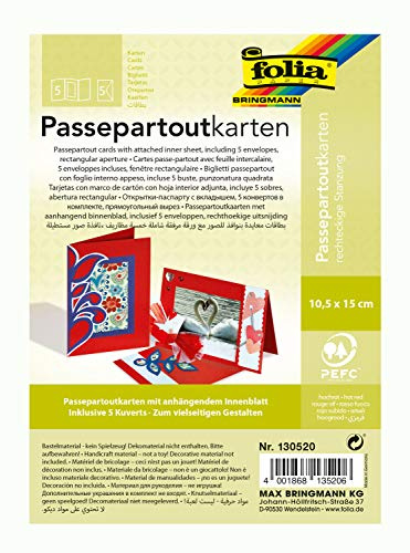 folia 130520 - Passepartouts mit rechteckiger Stanzung, ca. 10,5 x 15 cm, 5 Karten (220 g/qm) und Kuverts, hochrot - ideal für Einladungen, Glückwunsch- oder Grußkarten